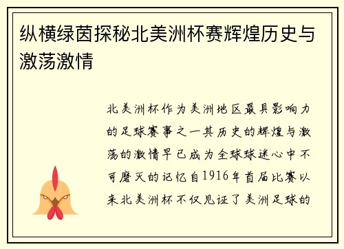 纵横绿茵探秘北美洲杯赛辉煌历史与激荡激情